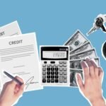 Top view of cutout paper composition of male signing credit paper while counting cash and apartment cost against blue background